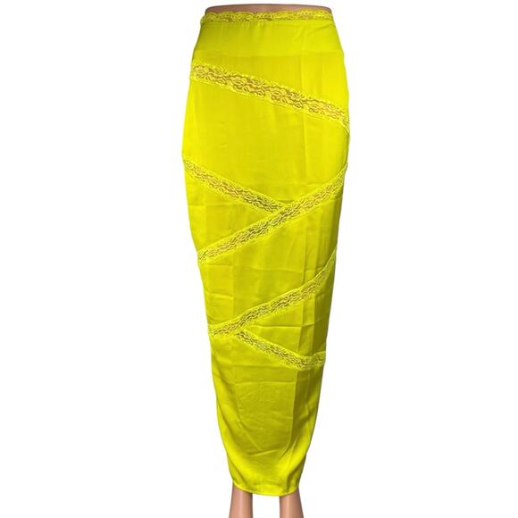 Meshki Neon Yellow Silk Satin Lace Trim Straight Pencil Maxi Slip Skirt Size XXS - Picture 1 of 6